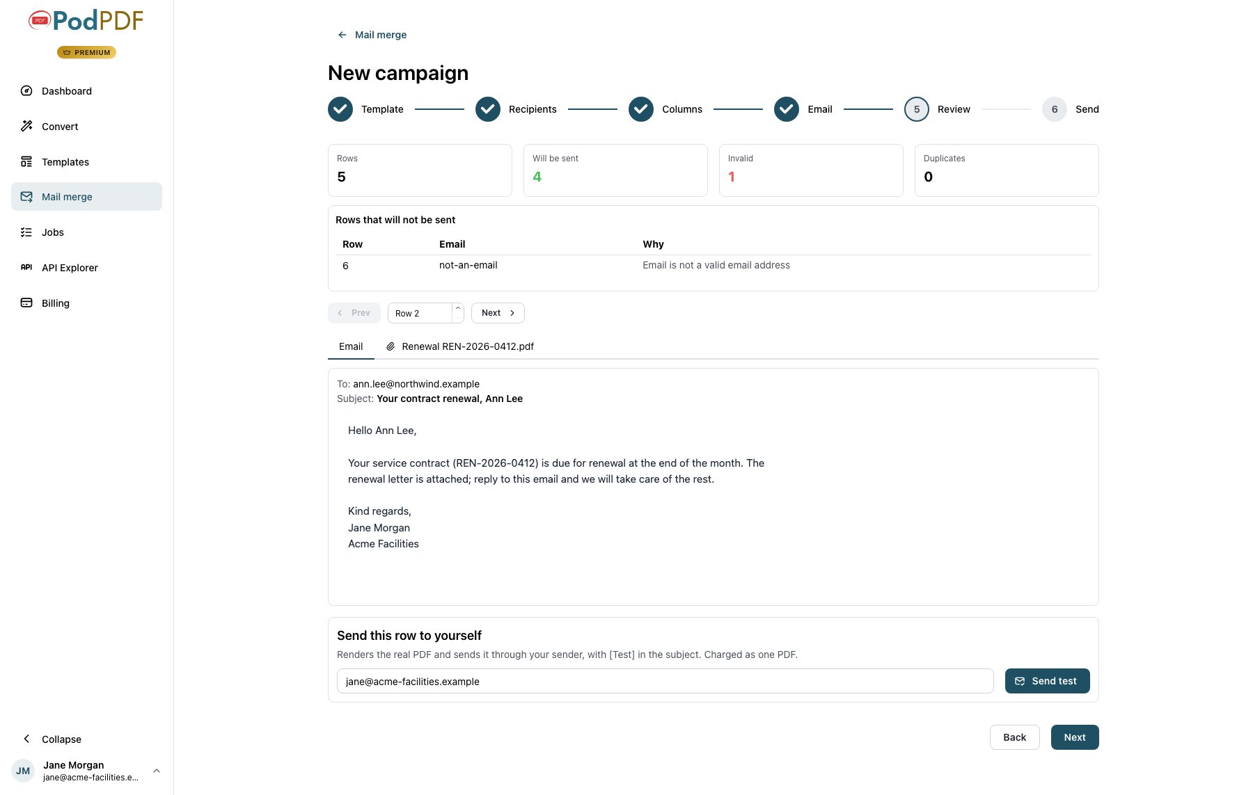 Mail merge: a PDF for every row, sent from your own mailbox