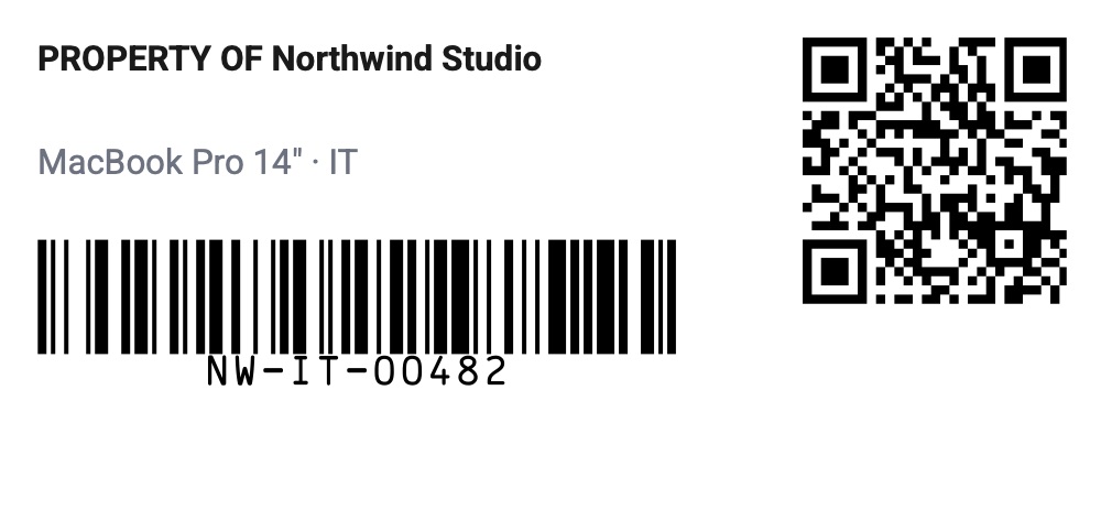 An asset tag with a Code 128 barcode and QR code