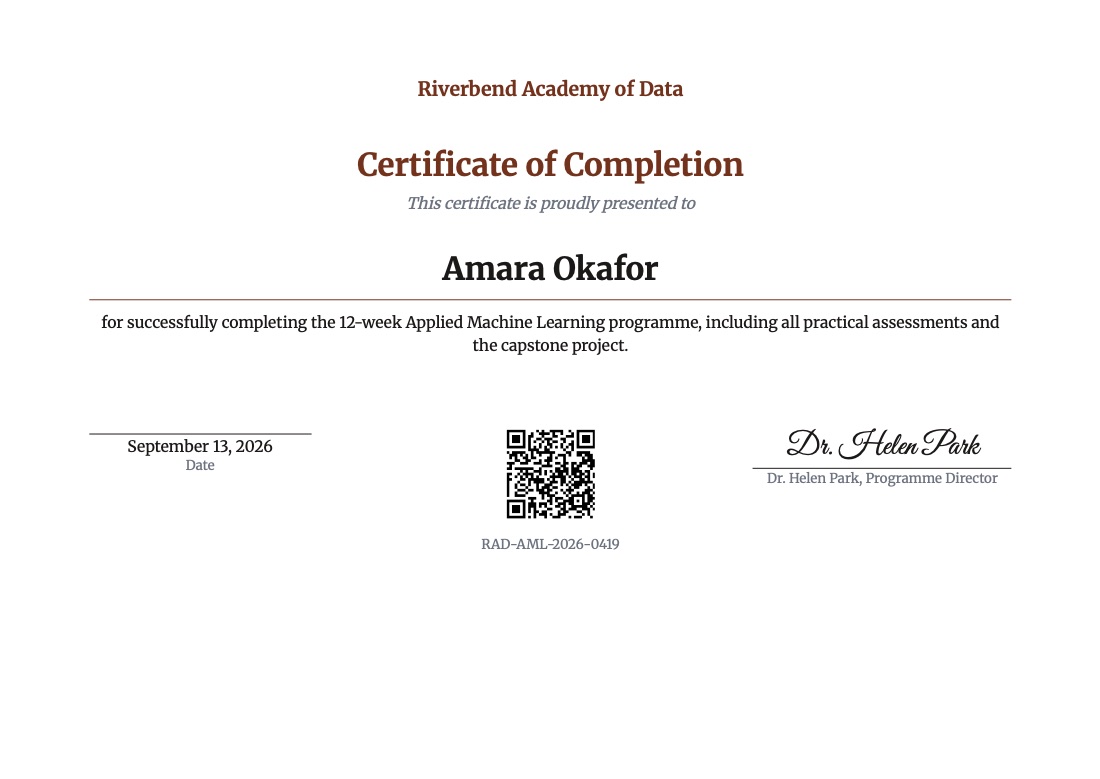 Landscape certificate of completion PDF with signature and verification QR code