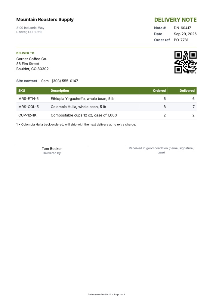 Delivery note PDF template, A4