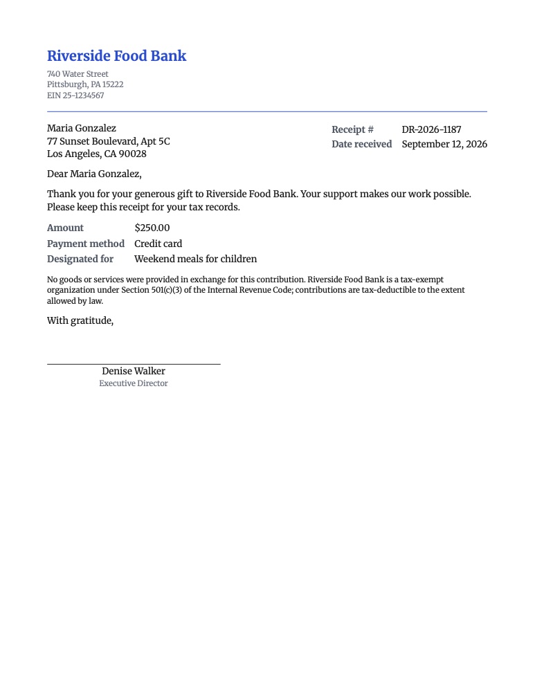 A donation receipt on US Letter