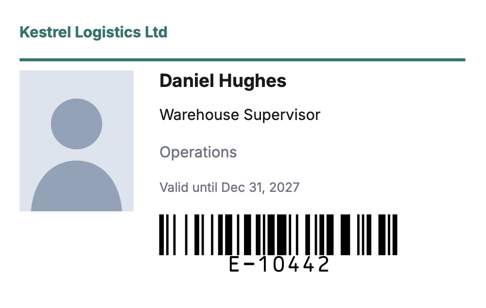 An employee ID card with photo and barcode