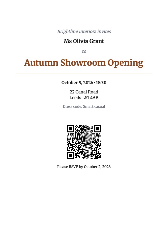 A printed invitation with an RSVP QR code