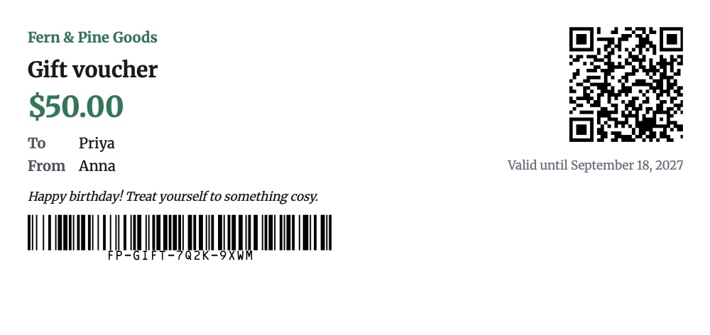 A gift voucher with a QR code and barcode