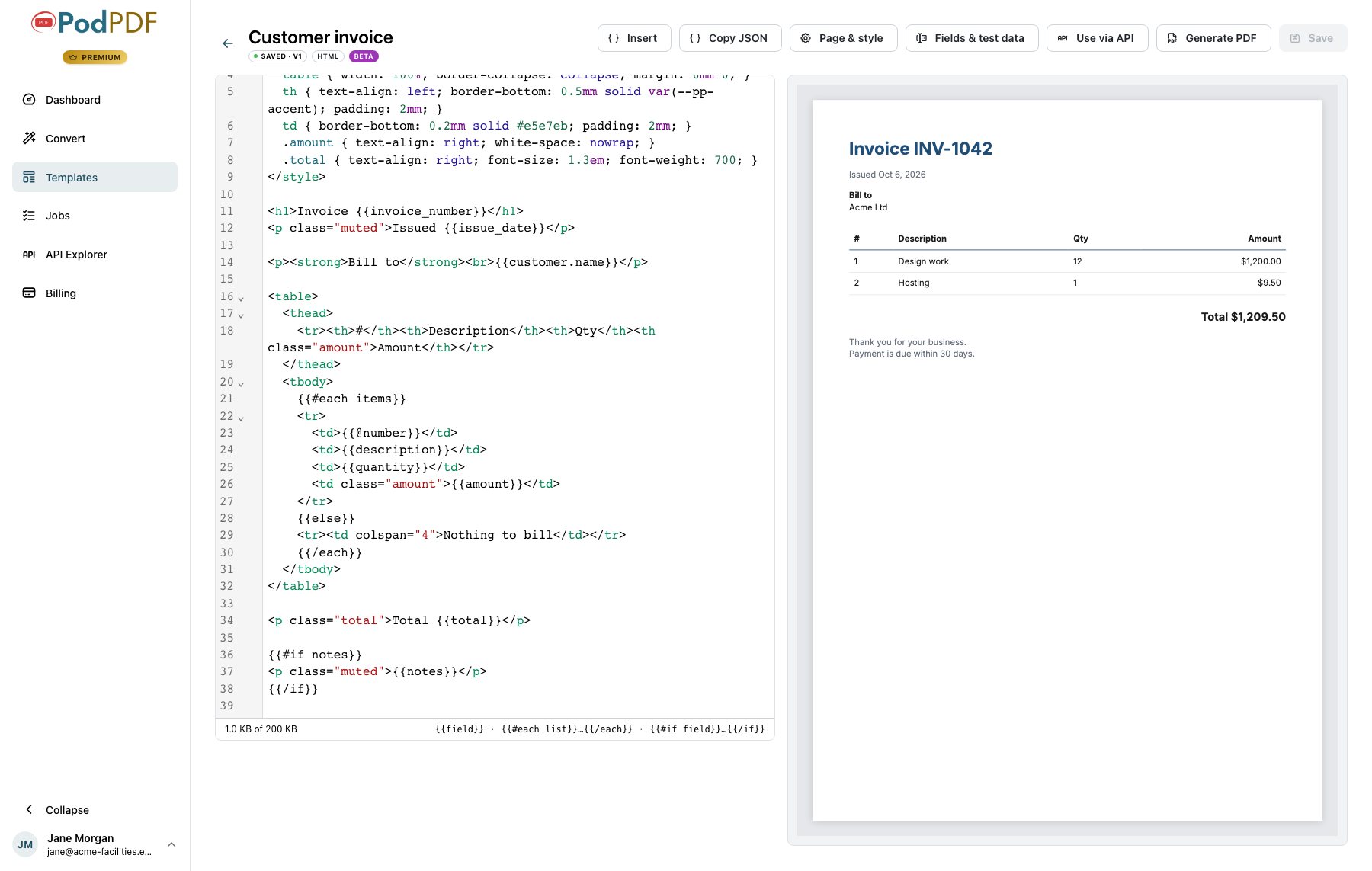 The HTML template editor: markup on the left, the finished page on the right