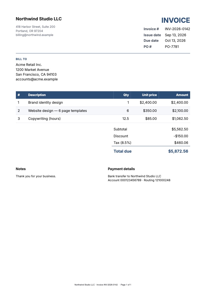 Invoice PDF generated from a PodPDF template with line items, tax and total