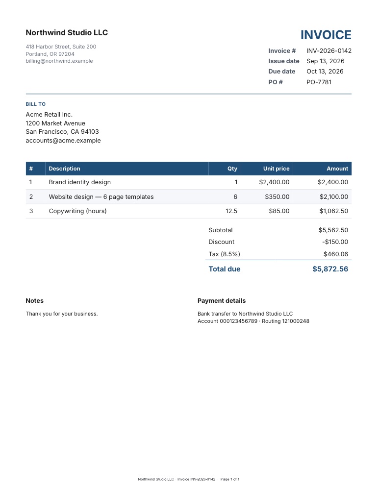 Invoice PDF template, US Letter