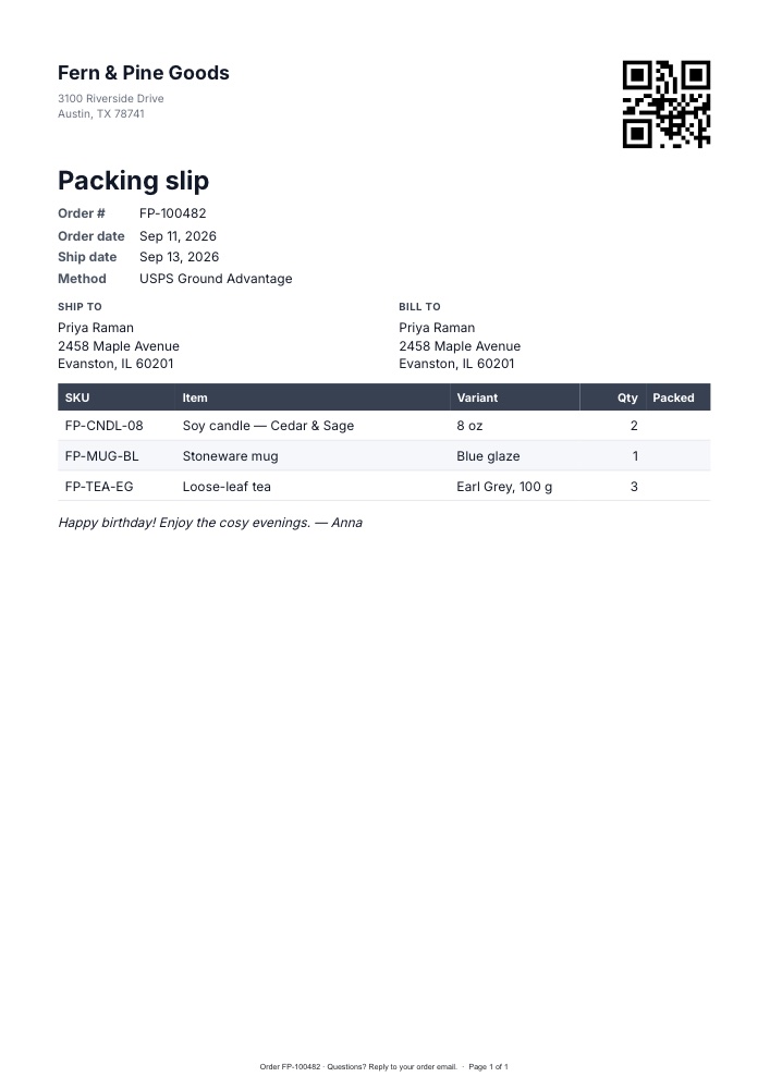Packing slip PDF template, A4