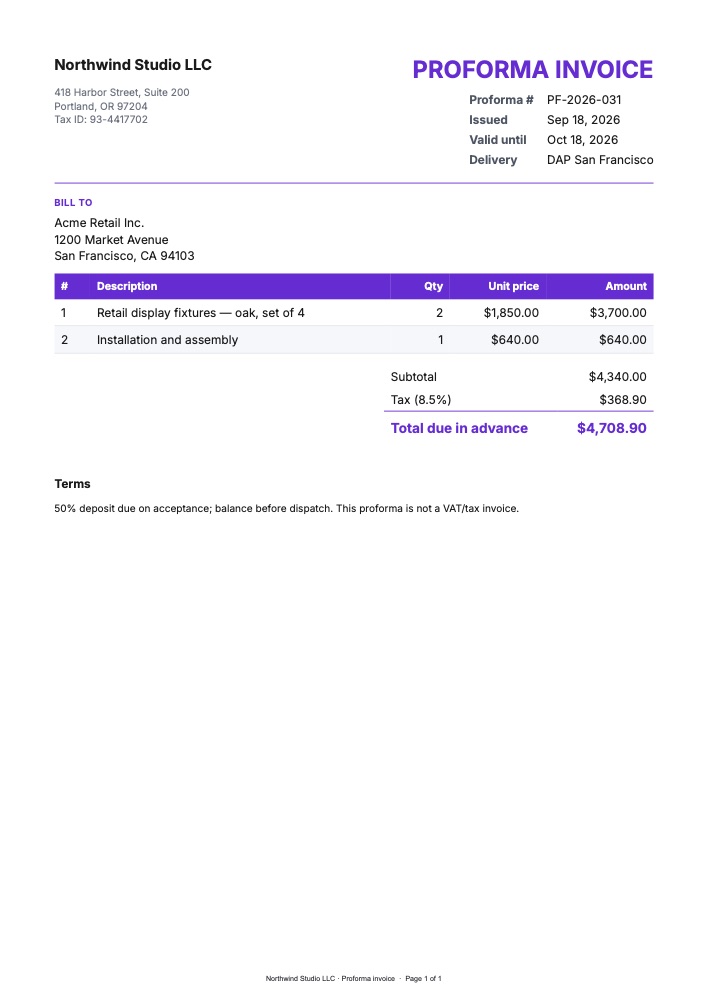 Proforma invoice PDF template, A4