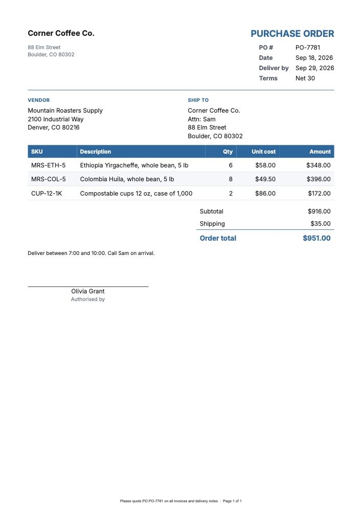 Purchase order PDF template, A4
