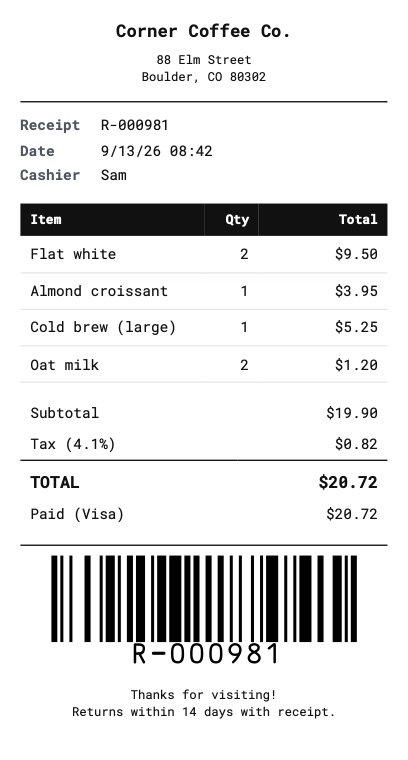 80 mm thermal receipt PDF with items, tax, total and a barcode
