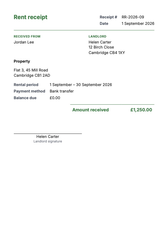A rent receipt generated from the PodPDF template