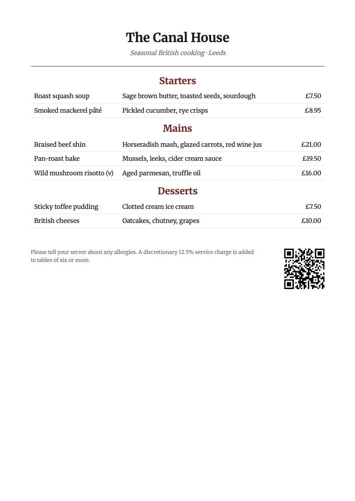 Restaurant menu PDF template, A4