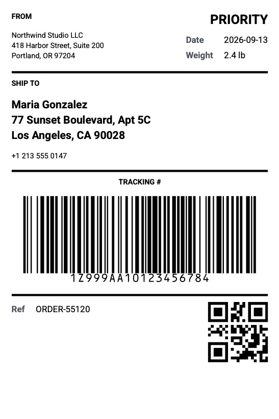 4 by 6 inch shipping label PDF with tracking barcode and QR code
