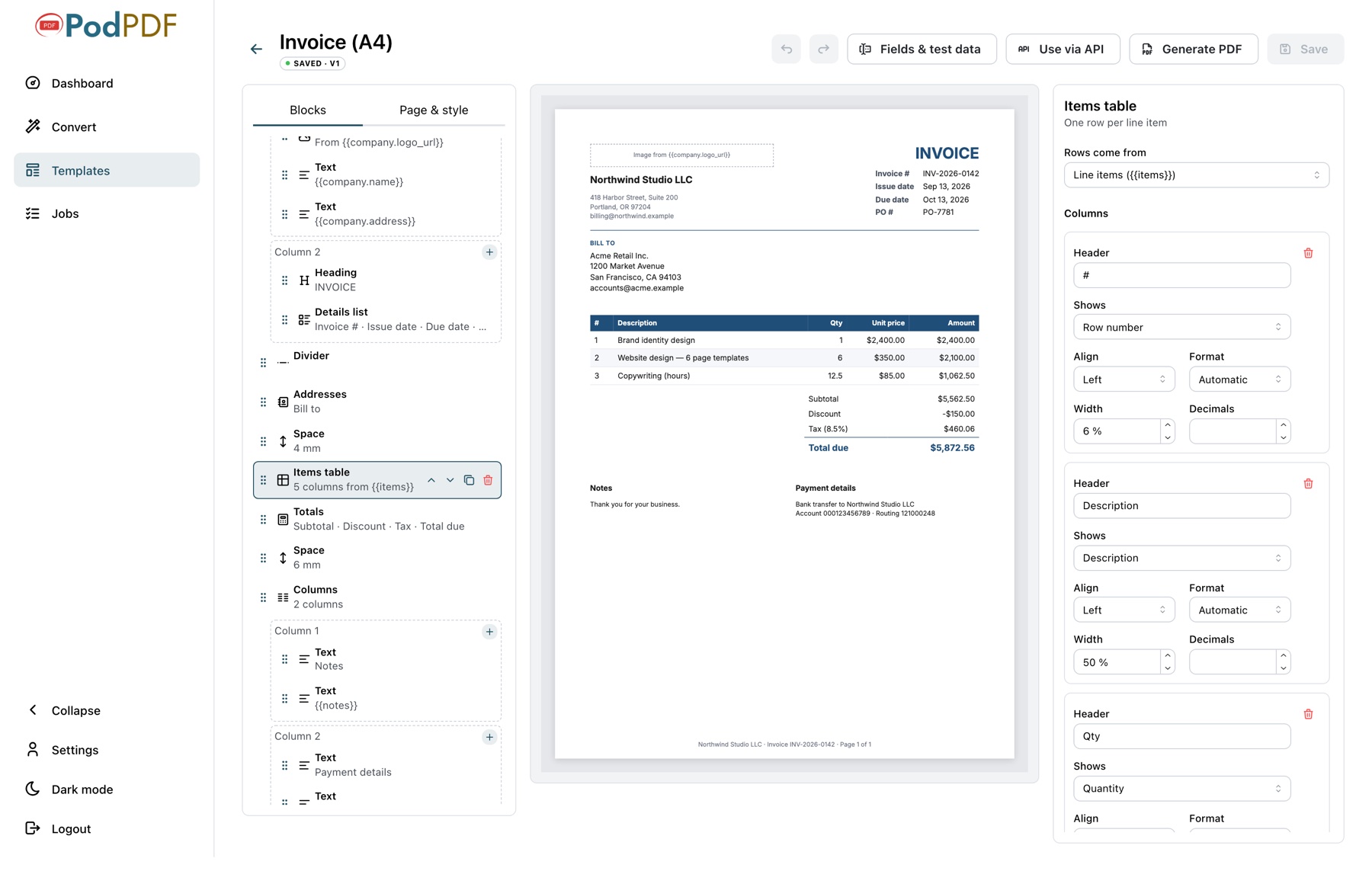 Design invoices and receipts without code