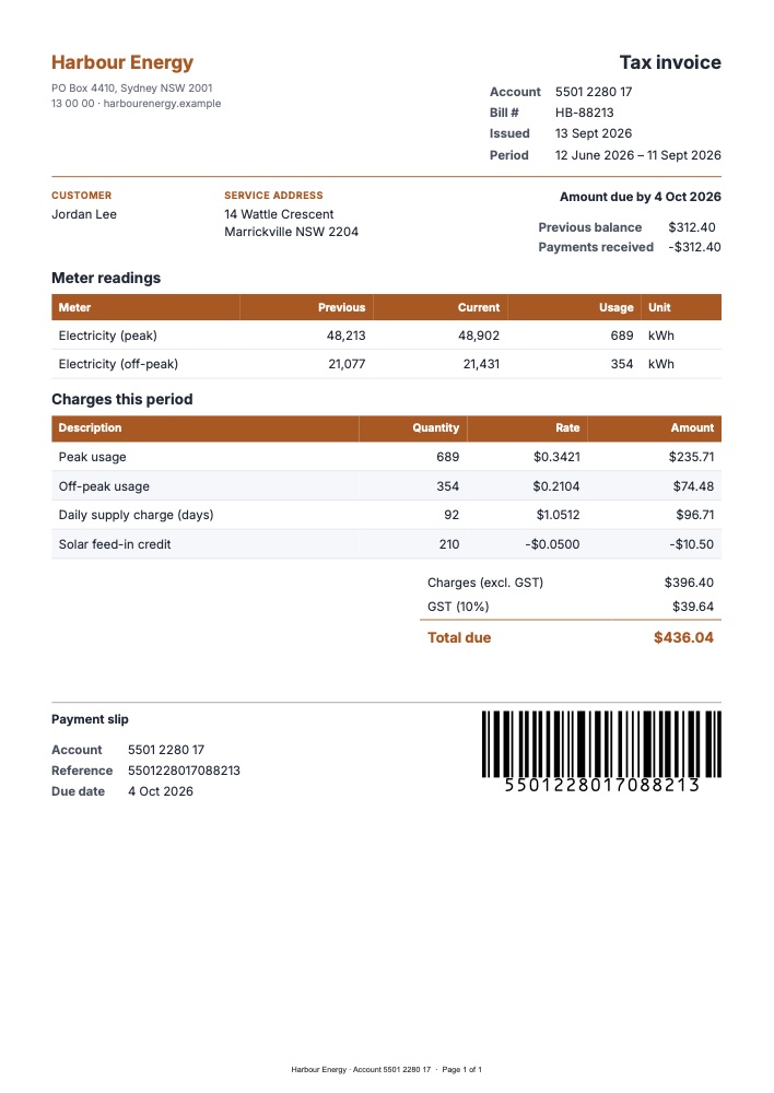 A utility bill with meter readings and a payment slip
